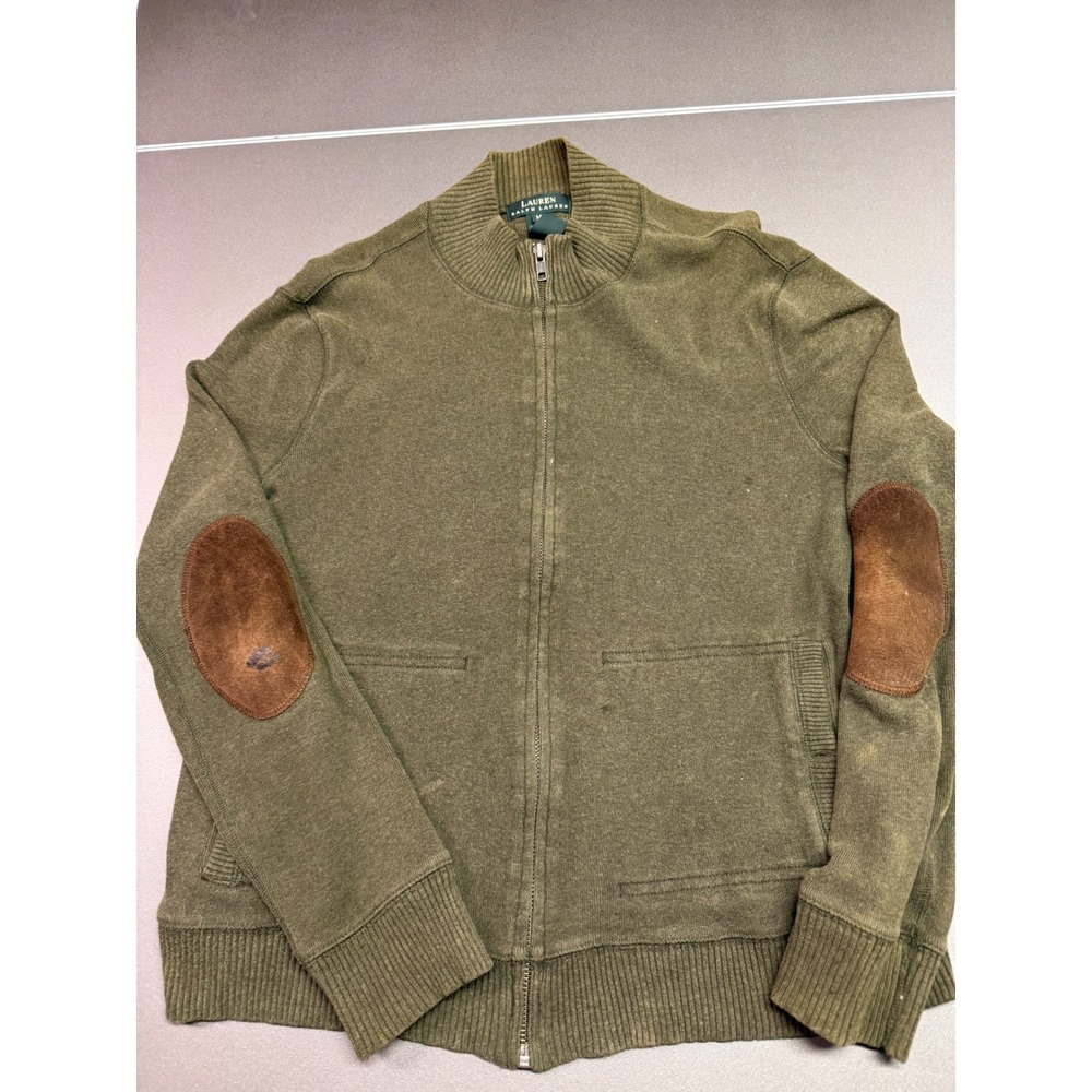 Lauren Ralph Lauren Mens Olive Green Full Zip Cardigan Sweater Elbow Patches M